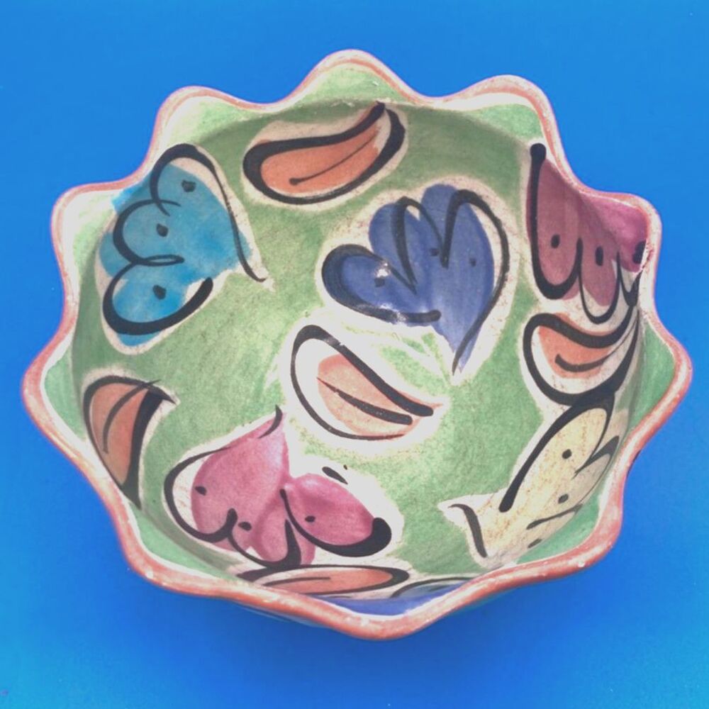 Fioriware Jardinware Tulip Cameo Floral Pottery Bowl 6" Scalloped green vtg ohio